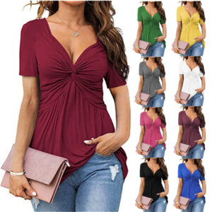 New Women's V-neck Front Twisted Shirt Short Sleeved Elegant Casual T-shirt Solid Color Pullover Top